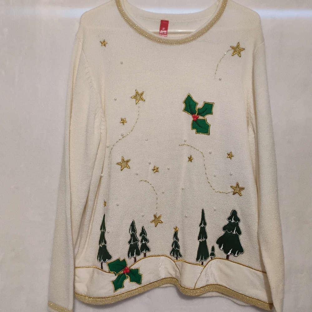 Christmas Holiday Sweater Embroidered Beaded Womens XL 16/18 Trees Holly Snow K